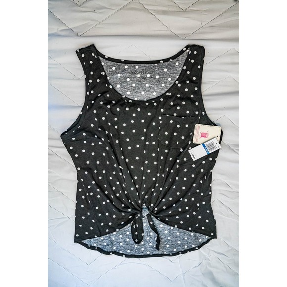 Rebellious One Polka-Dot Printed Tie-Front Tank Top, Black, Sz XL - Picture 2 of 5